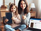 Girls smiling with book and laptop with ebay open