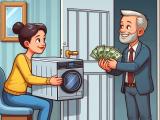 Woman and man trading appliance for money at the door