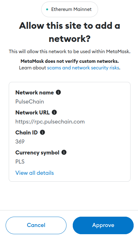 PulseChain Netzwerk der MetaMask Wallet hinzufügen
