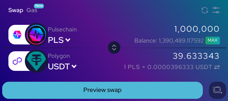 Swap PLS auf PulseChain for USDT auf Polygon