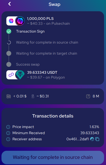 Swap Prozess PLS auf PulseChain nach USDT auf Polygon