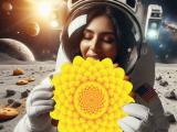 Astronautin die in ein SUN Minimeal beißt