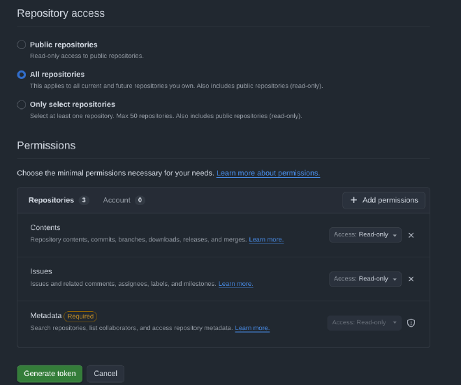 Permissions for the github personal access token