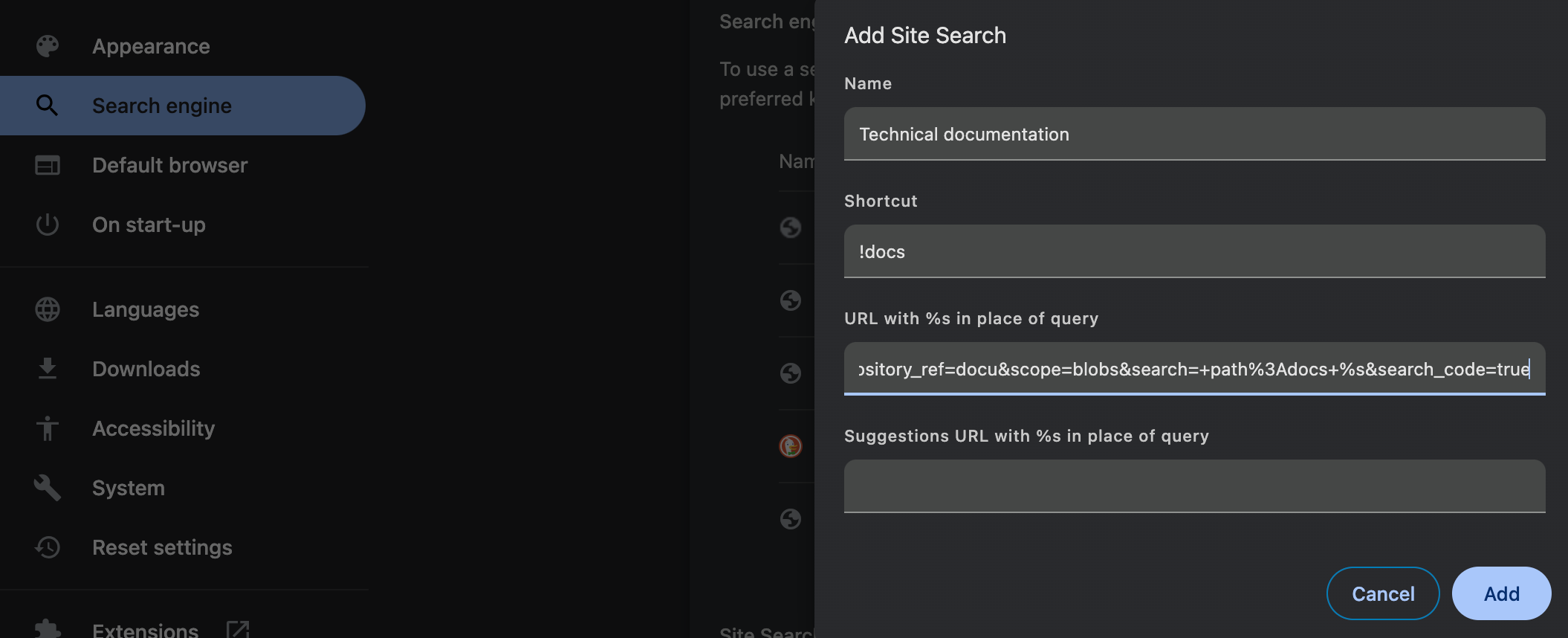 Configuring a custom bang for tech documentation