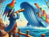 Pirate with a spyglass looking at whaleshapped ship with shipping containers on it (the docker whale)