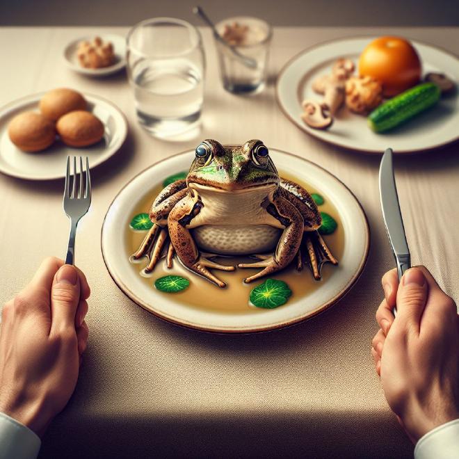 A frog on a plate in front of you