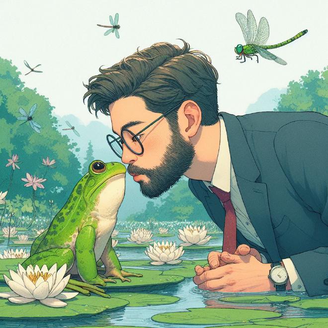 Man kisses a frog in a pond