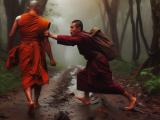 A monk being pushed off a forest path by another monk.
