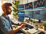 Man sitting in front of multiple monitors with charts on them.