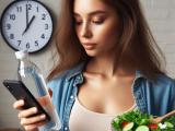 Woman with salad and water, clock showing the afternoon