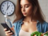 Woman with salad and water, clock showing the afternoon
